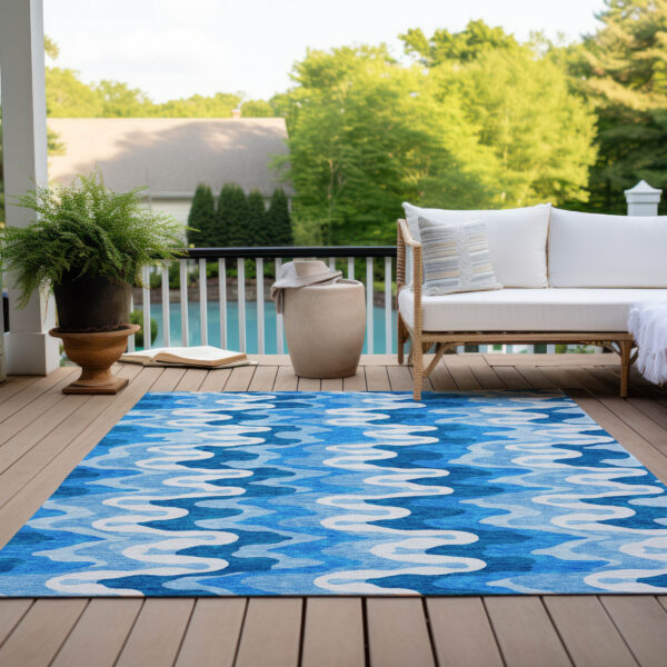 8' X 10' Sky Blue Denim Blue And Ivory Abstract Washable Indoor Outdoor Area Rug