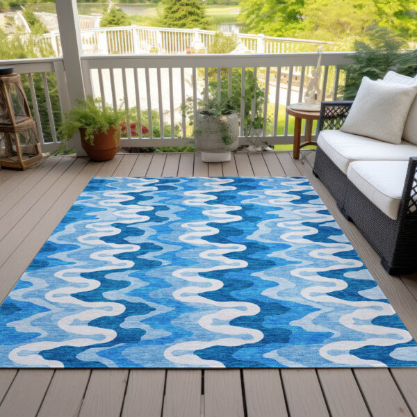 8' X 10' Sky Blue Denim Blue And Ivory Abstract Washable Indoor Outdoor Area Rug