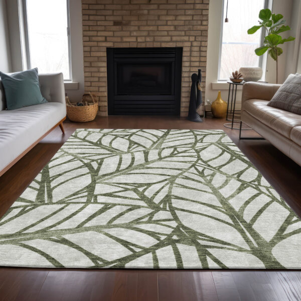 5' X 8' Olive Green And Beige Floral Washable Indoor Outdoor Area Rug