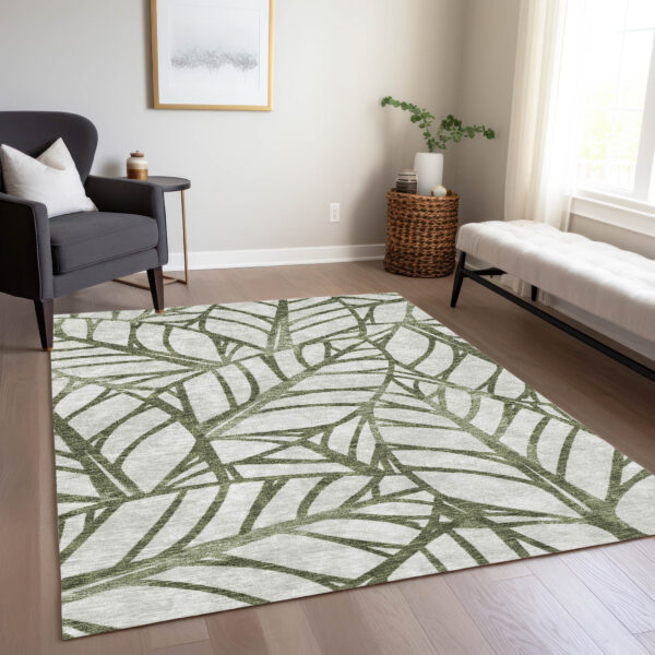 5' X 8' Olive Green And Beige Floral Washable Indoor Outdoor Area Rug