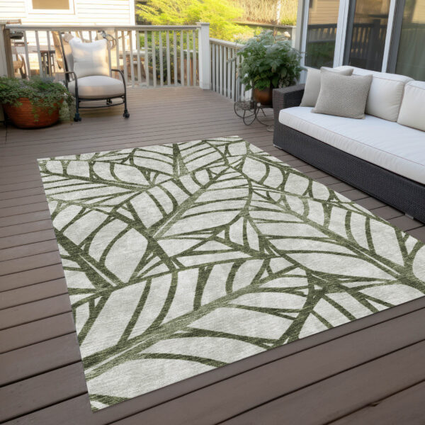 5' X 8' Olive Green And Beige Floral Washable Indoor Outdoor Area Rug