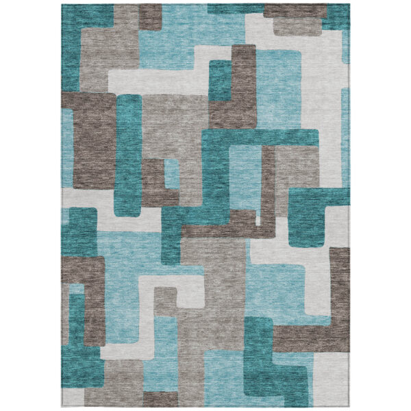 5' X 8' Teal Blue Aqua And Beige Abstract Washable Indoor Outdoor Area Rug