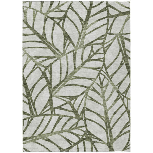 5' X 8' Olive Green And Beige Floral Washable Indoor Outdoor Area Rug
