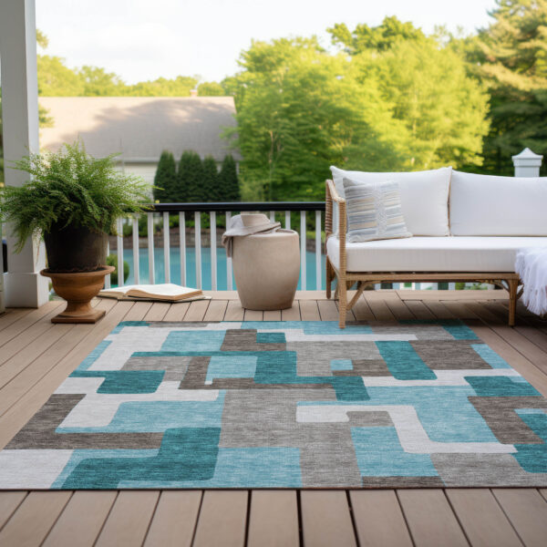 5' X 8' Teal Blue Aqua And Beige Abstract Washable Indoor Outdoor Area Rug