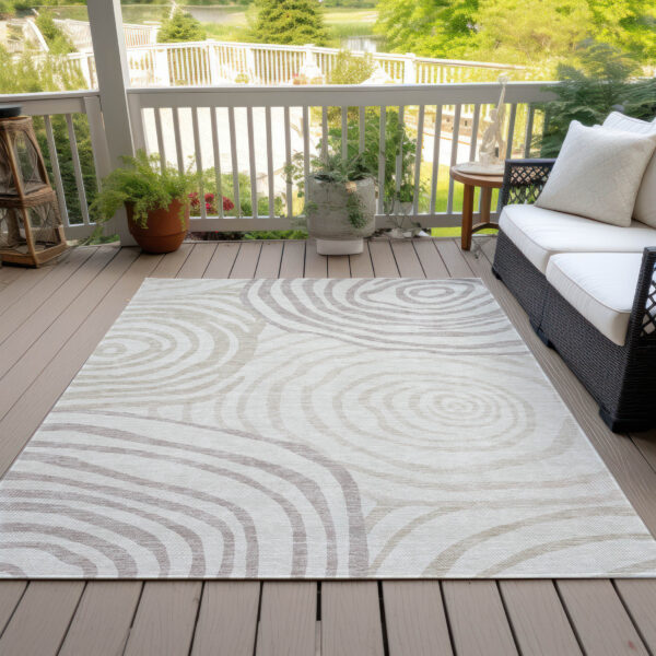 5' X 8' Ivory Beige And Khaki Abstract Washable Indoor Outdoor Area Rug