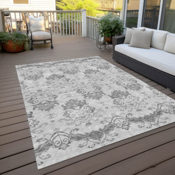 9' X 12' Graphite Gray And Silver Oriental Washable Indoor Outdoor Area Rug