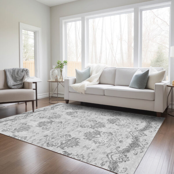 9' X 12' Graphite Gray And Silver Oriental Washable Indoor Outdoor Area Rug