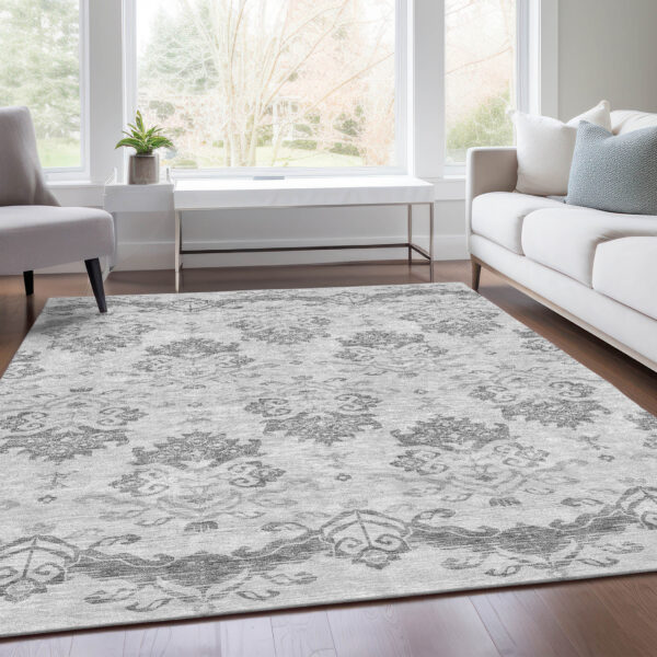 9' X 12' Graphite Gray And Silver Oriental Washable Indoor Outdoor Area Rug