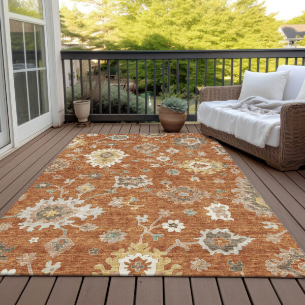 5' X 8' Orange Ivory And Gray Floral Washable Indoor Outdoor Area Rug