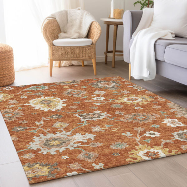 5' X 8' Orange Ivory And Gray Floral Washable Indoor Outdoor Area Rug
