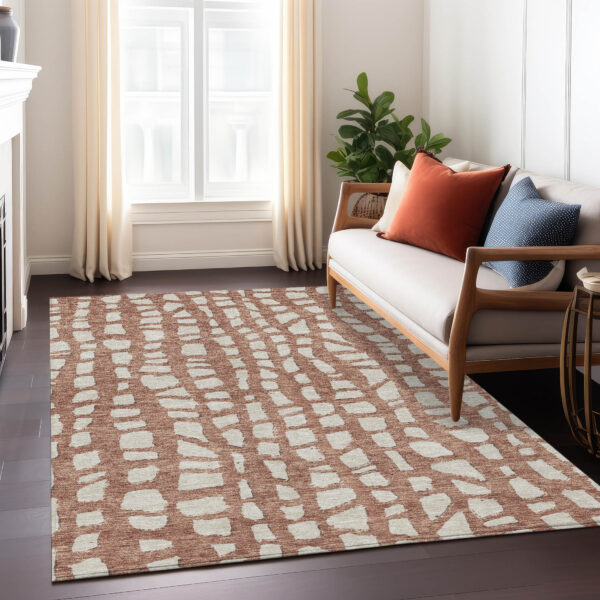 8' X 10' Orange And Ivory Abstract Washable Indoor Outdoor Area Rug