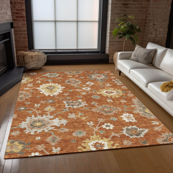 5' X 8' Orange Ivory And Gray Floral Washable Indoor Outdoor Area Rug