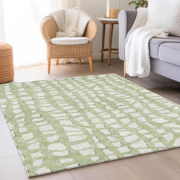 3' X 5' Artichoke Green And Ivory Abstract Washable Indoor Outdoor Area Rug