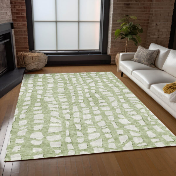 3' X 5' Artichoke Green And Ivory Abstract Washable Indoor Outdoor Area Rug