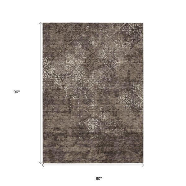 5' X 8' Brown And Ivory Floral Washable Indoor Outdoor Area Rug