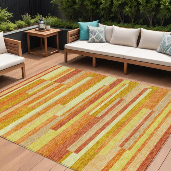 10' X 14' Orange Salmon And Lime Green Striped Washable Indoor Outdoor Area Rug