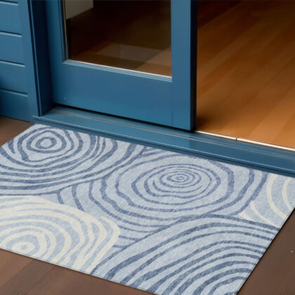 3' X 5' Sky Blue Denim Blue And Ivory Abstract Washable Indoor Outdoor Area Rug