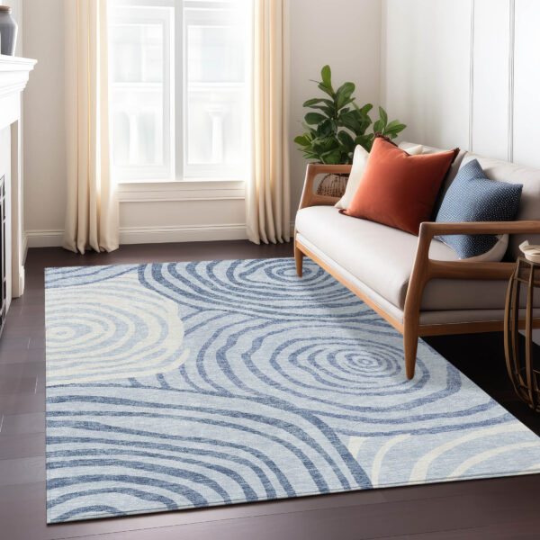 3' X 5' Sky Blue Denim Blue And Ivory Abstract Washable Indoor Outdoor Area Rug
