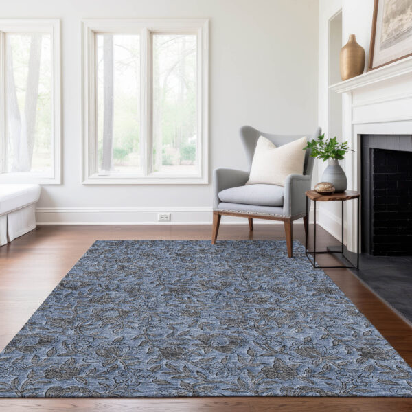 8' X 10' Blue Gray And Charcoal Floral Washable Indoor Outdoor Area Rug