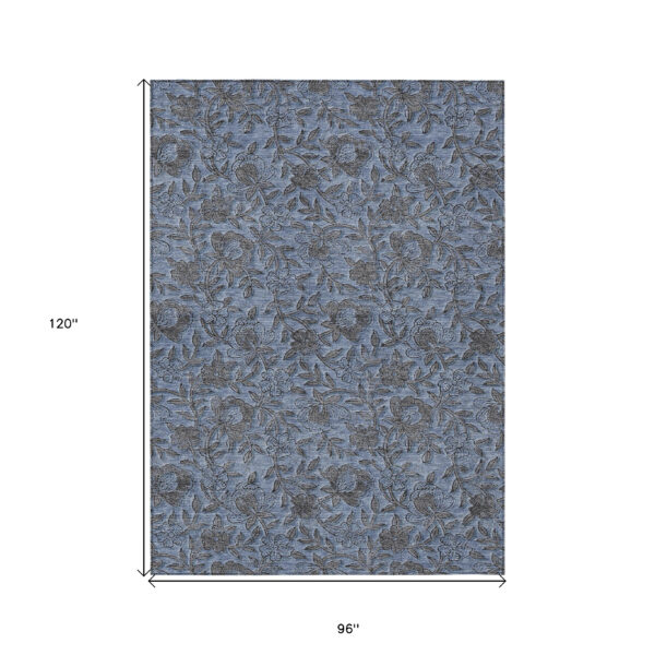 8' X 10' Blue Gray And Charcoal Floral Washable Indoor Outdoor Area Rug