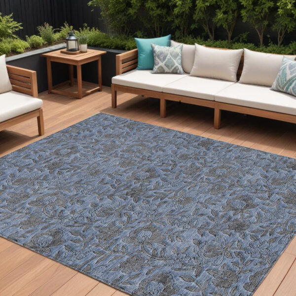 8' X 10' Blue Gray And Charcoal Floral Washable Indoor Outdoor Area Rug