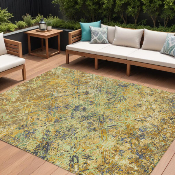 9' X 12' Gold Beige And Gray Geometric Washable Indoor Outdoor Area Rug