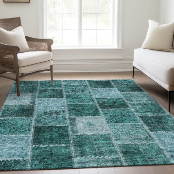 9' X 12' Teal Blue Aqua And Charcoal Patchwork Washable Indoor Outdoor Area Rug