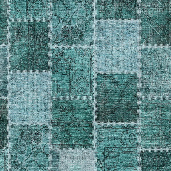 9' X 12' Teal Blue Aqua And Charcoal Patchwork Washable Indoor Outdoor Area Rug