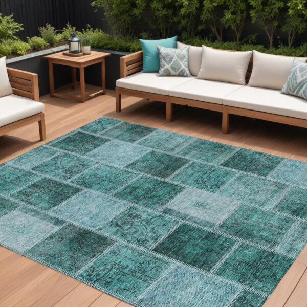 9' X 12' Teal Blue Aqua And Charcoal Patchwork Washable Indoor Outdoor Area Rug