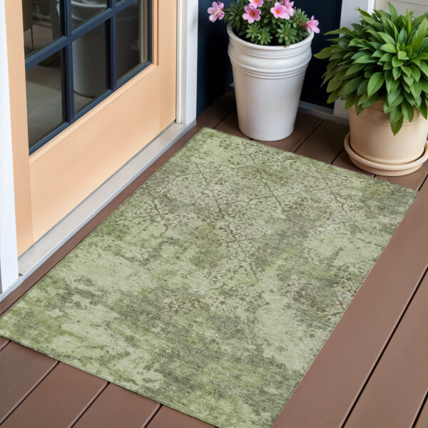 3' X 5' Artichoke Green And Fern Green Floral Washable Indoor Outdoor Area Rug