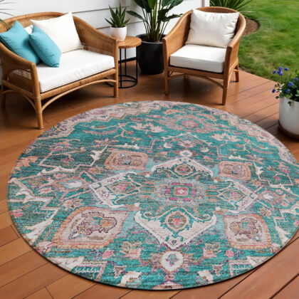 8' Emerald Teal Blue And Beige Round Oriental Washable Indoor Outdoor Area Rug