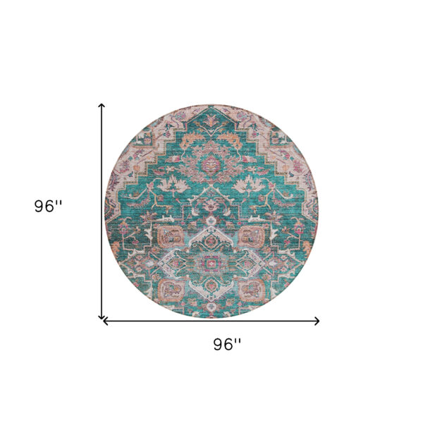 8' Emerald Teal Blue And Beige Round Oriental Washable Indoor Outdoor Area Rug