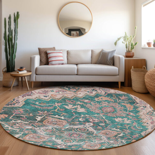 8' Emerald Teal Blue And Beige Round Oriental Washable Indoor Outdoor Area Rug