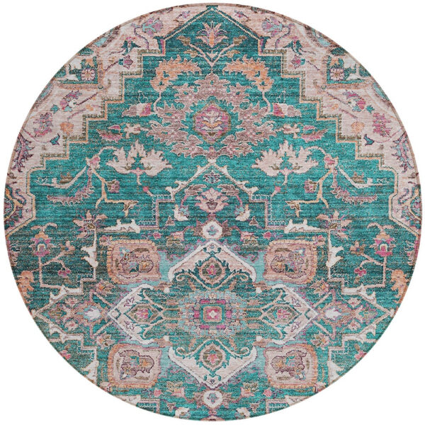 8' Emerald Teal Blue And Beige Round Oriental Washable Indoor Outdoor Area Rug