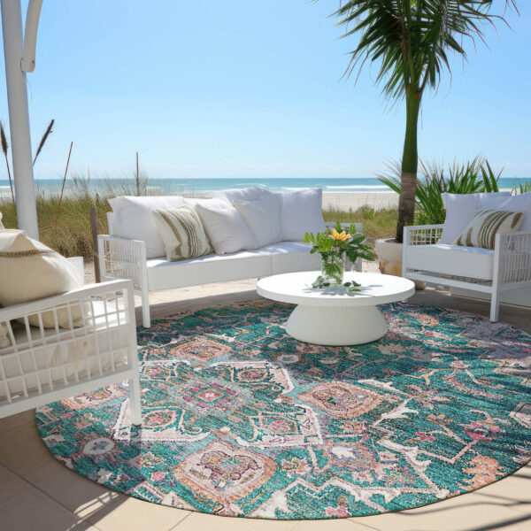 8' Emerald Teal Blue And Beige Round Oriental Washable Indoor Outdoor Area Rug
