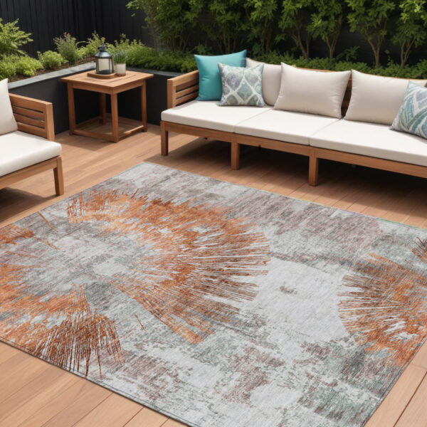 9' X 12' Terra Cotta Copper And Taupe Abstract Washable Indoor Outdoor Area Rug