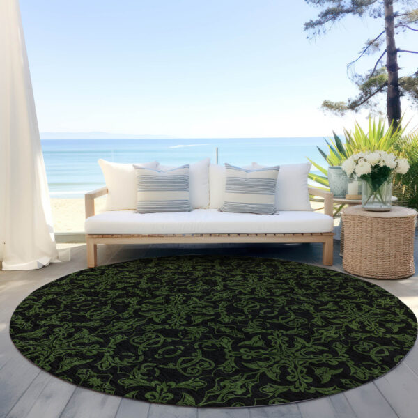 8' Olive Green And Green Round Medallion Washable Indoor Outdoor Area Rug