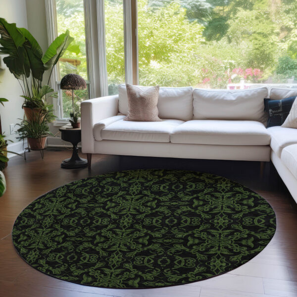 8' Olive Green And Green Round Medallion Washable Indoor Outdoor Area Rug