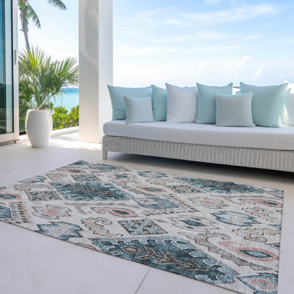 5' X 8' Beige Teal Blue And Copper Moroccan Washable Indoor Outdoor Area Rug