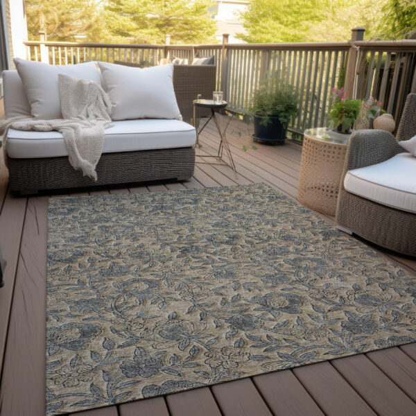 10' X 14' Khaki Beige And Gray Floral Washable Indoor Outdoor Area Rug