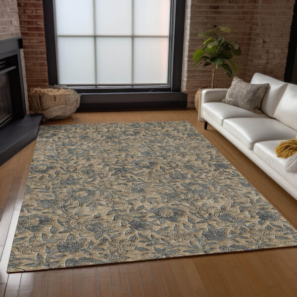 10' X 14' Khaki Beige And Gray Floral Washable Indoor Outdoor Area Rug
