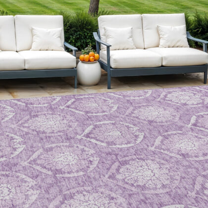 8' X 10' Plum Purple And Ivory Medallion Washable Indoor Outdoor Area Rug