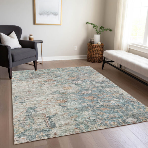 3' X 5' Green Blue And Gray Oriental Washable Indoor Outdoor Area Rug