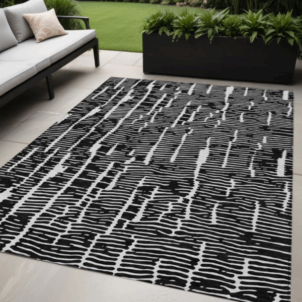 5' X 8' Black And Ivory Abstract Washable Indoor Outdoor Area Rug