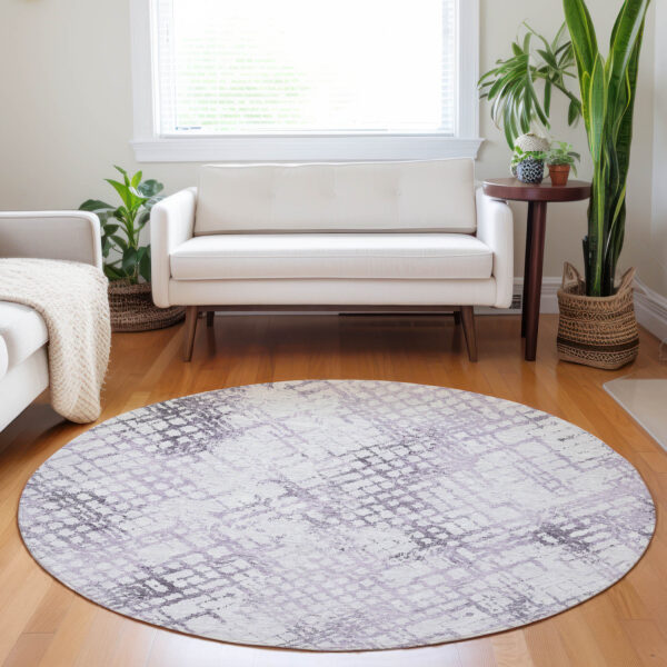 8' Purple Lavender And Silver Round Geometric Washable Indoor Outdoor Area Rug