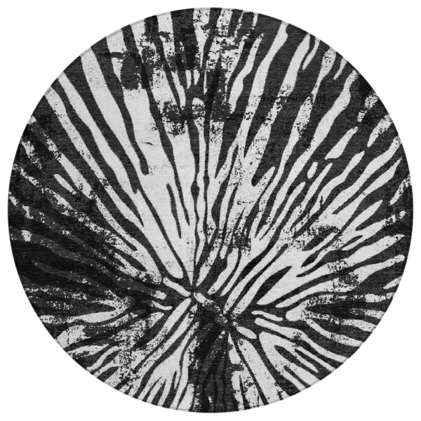 8' Black Charcoal And Ivory Round Abstract Washable Indoor Outdoor Area Rug