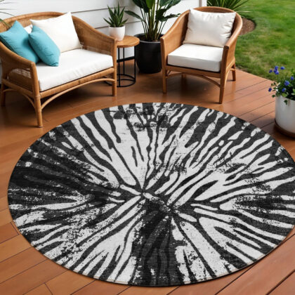 8' Black Charcoal And Ivory Round Abstract Washable Indoor Outdoor Area Rug
