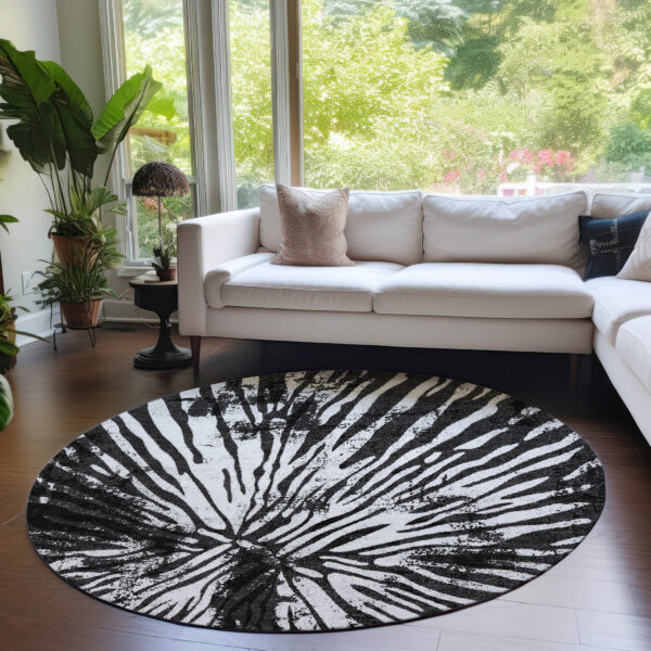 8' Black Charcoal And Ivory Round Abstract Washable Indoor Outdoor Area Rug