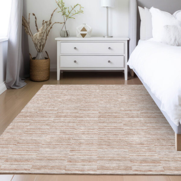 9' X 12' Salmon Copper And Beige Striped Washable Indoor Outdoor Area Rug