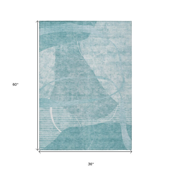 3' X 5' Turquoise Teal Blue And Ivory Abstract Washable Indoor Outdoor Area Rug